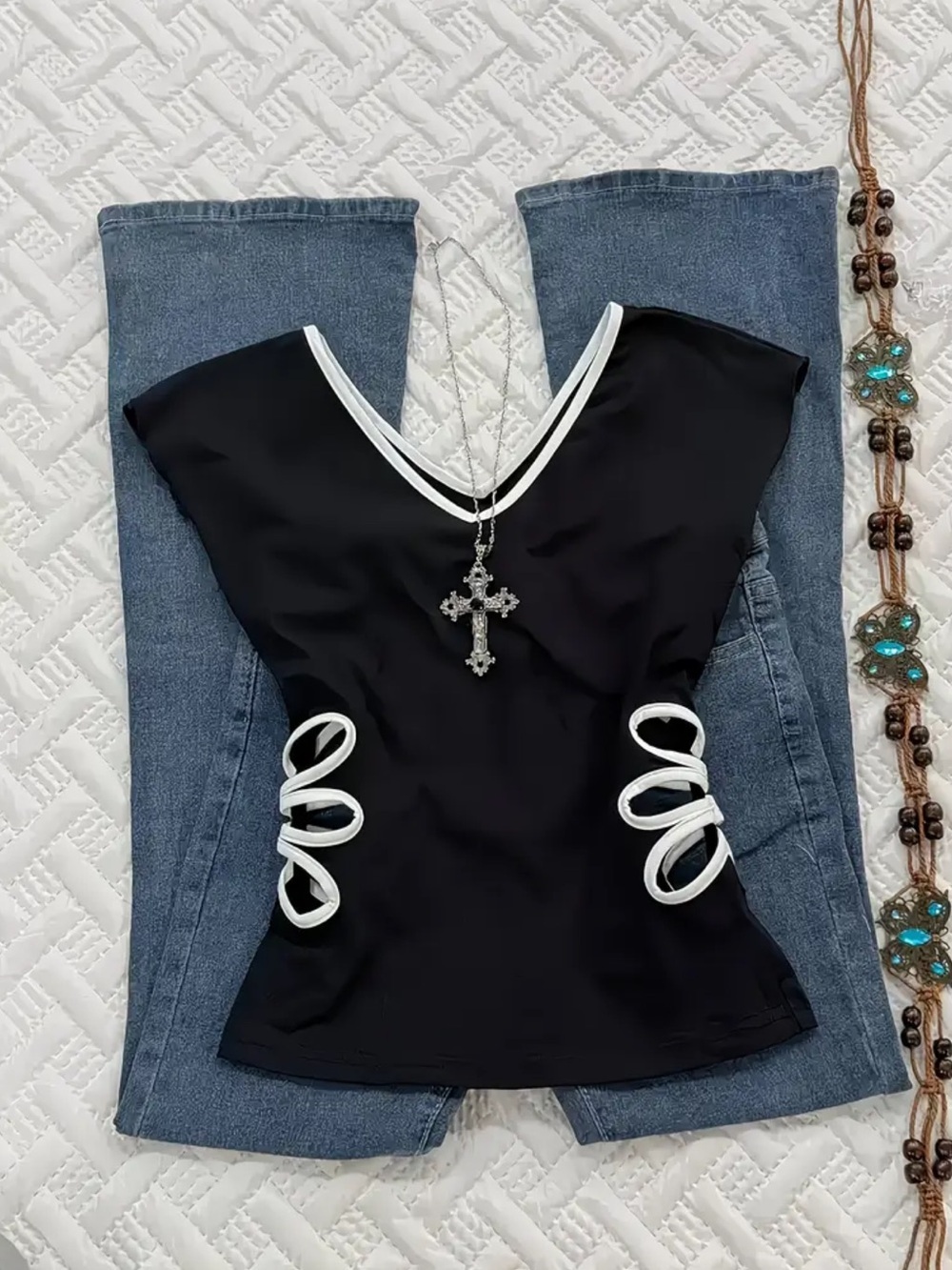 NWOT Black V-Neck Y2K style Top with White Trim and Side Cutouts